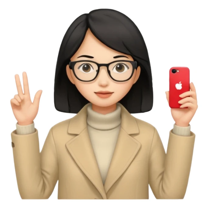 asian young woman black-haired in beige coat with glasses sticker