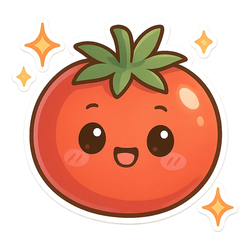 chibi sticker-style tomato with sparkles, cute and exaggerated sticker