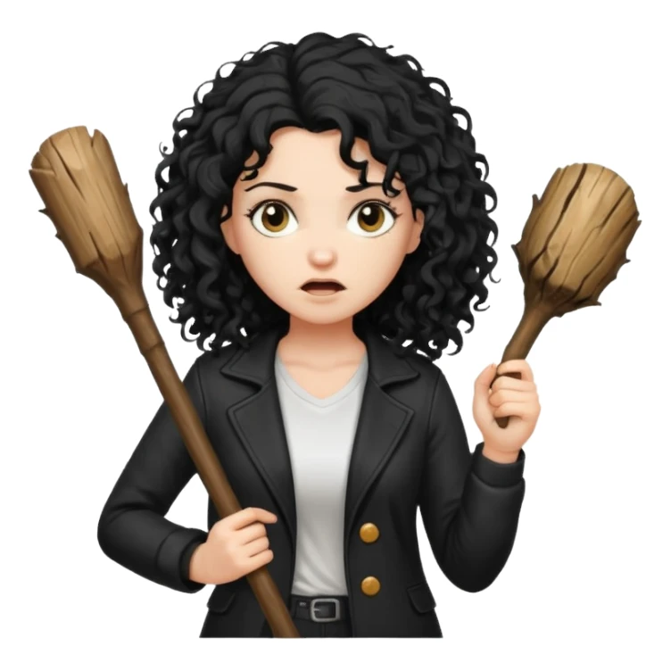 Hey, please generate me an emoji that depicts a woman white skin long black curly disheveled hair slightly thicker, she is wearing a white T-shirt and a black unbuttoned jacket she is furious she is holding a large wooden stick from a tree in her hands sticker