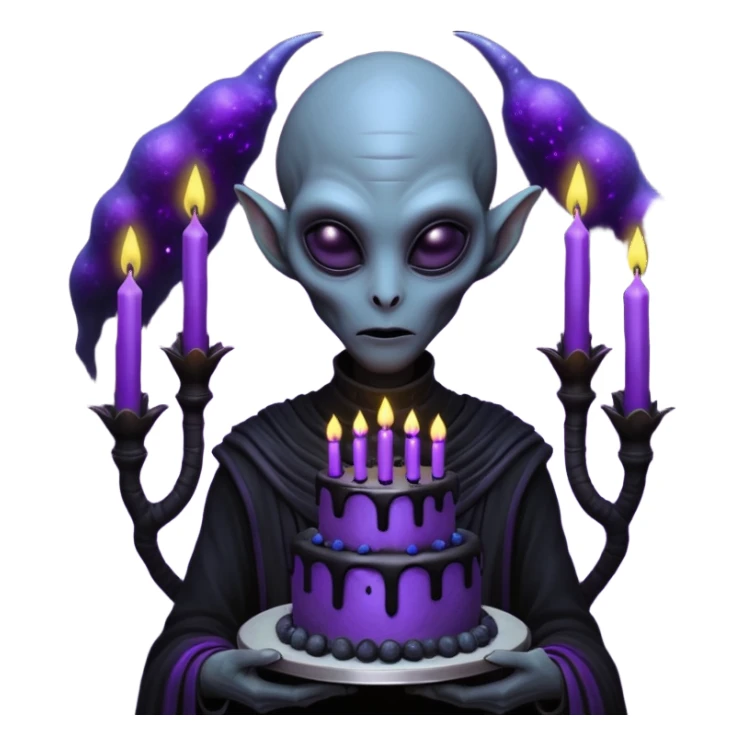 A tall mysterious alien holding a gothic black birthday cake with glowing purple candles, dark foggy alien planet, bioluminescent plants, dramatic shadows, dark fantasy sci-fi art, hyper detailed, moody lighting

 sticker