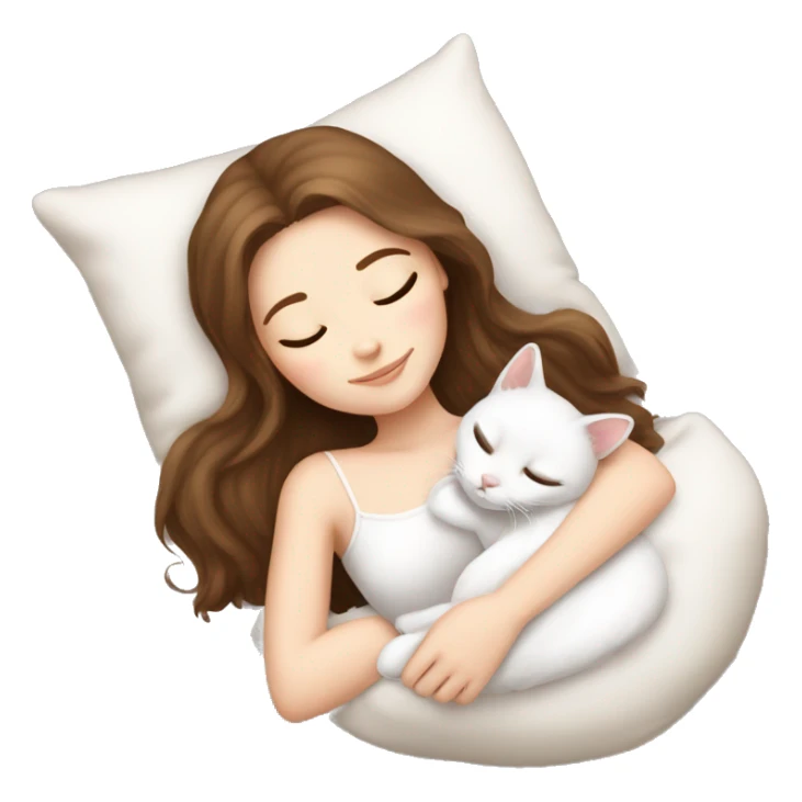 White girl brown hair sleeping with white kitty sticker
