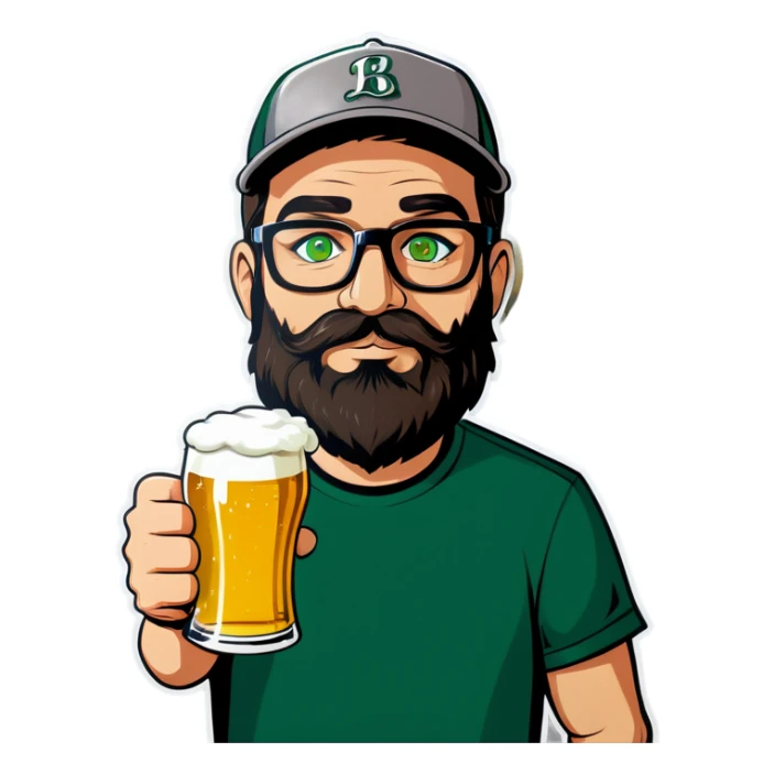 A man with a grey baseball cap, green eyes, big dark brown beard and glasses, drinking beer sticker