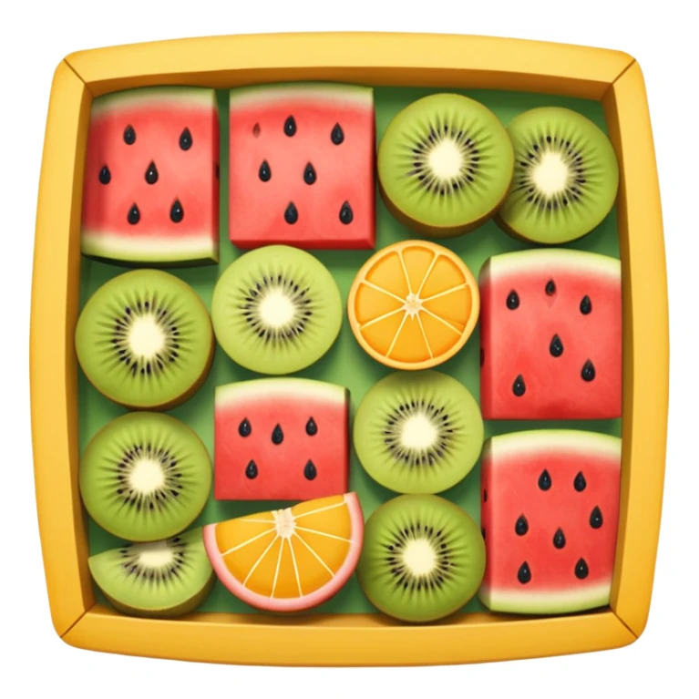 top-down view of a square fruit box with neatly arranged watermelon, strawberry, mango, kiwi, orange, cantaloupe, and pineapple sticker