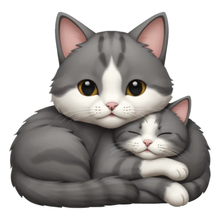 dark grey and white small cat with his eyes closed, leaning his head on his paw while leaning on his elbow lying down sticker