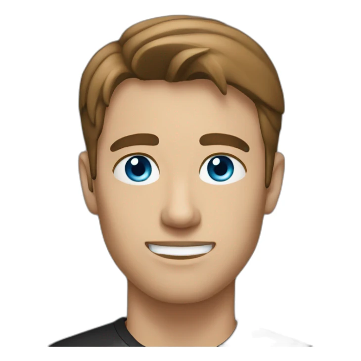 man with gray blue eyes, brown hair, black shirt sticker