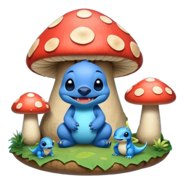Stitch from lilo and stitch in a mushroom land with dinosaurs  sticker