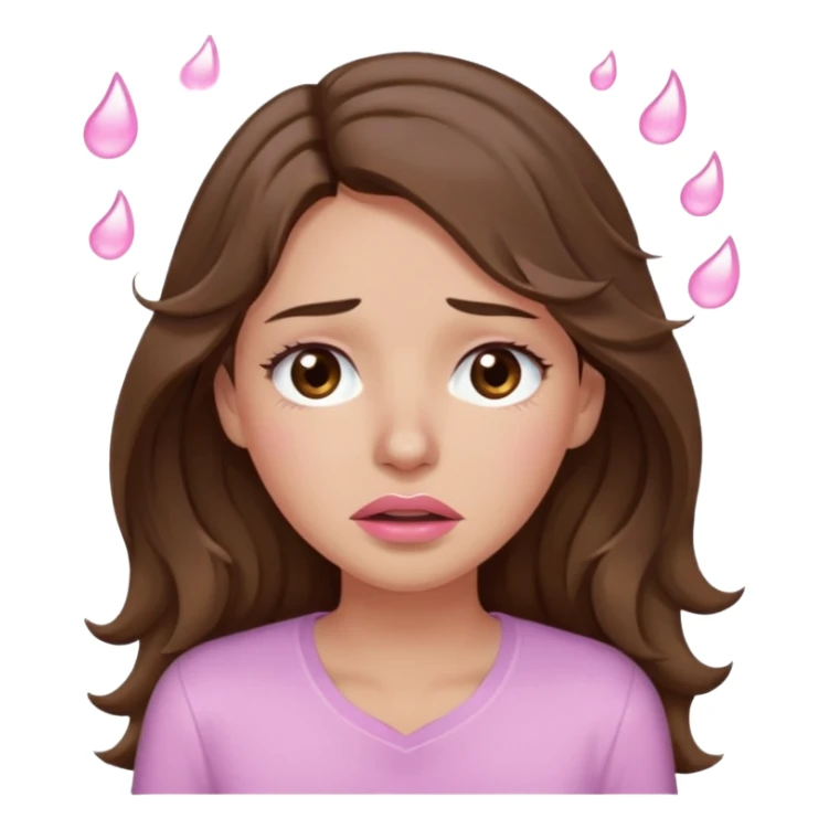 girl with wavy long brown hair, brown eyes, light to medium complexion, long lashes, light pink lipstick, wearing light pink shirt, weeping big big tears sticker