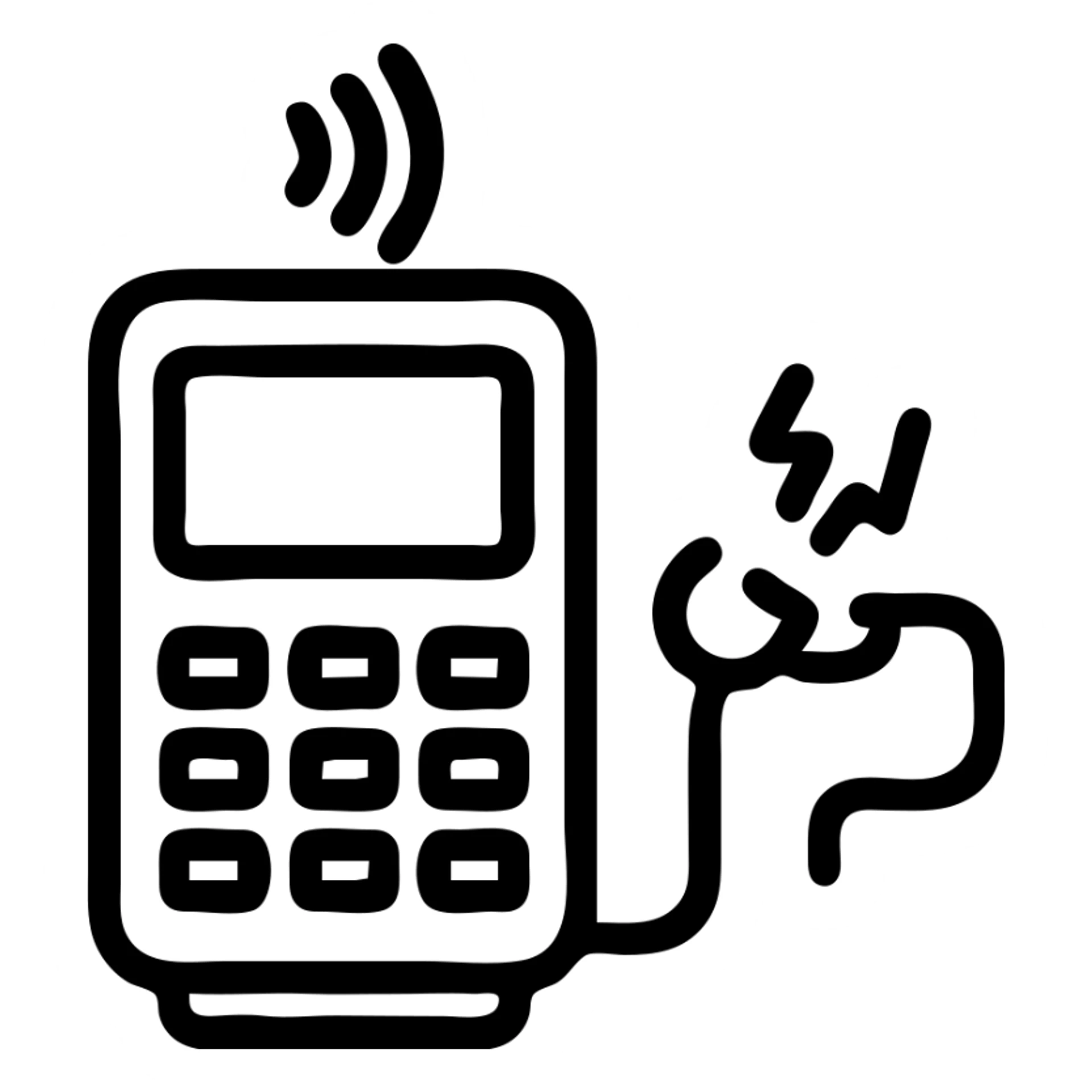 Slack emoji icon showing a payment terminal with a disconnected plug or broken chain, indicating a payment vendor outage, bold lines, high contrast sticker