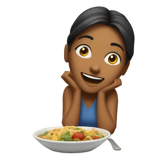 excited lady sitting at the table looking at her meal sticker
