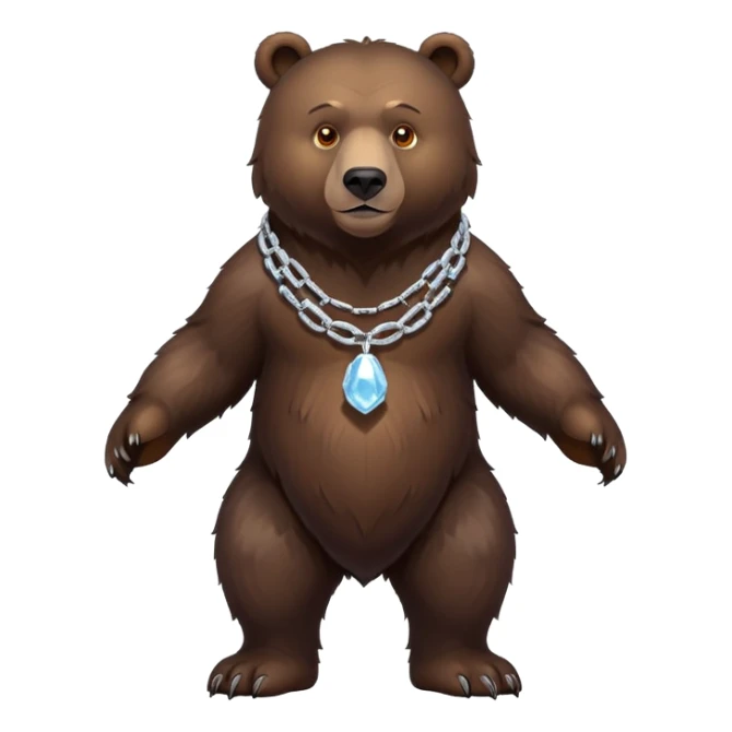 Full-body dark brown bear on all four legs looking slightly forward, complete view from head to tail, very realistic fur, ice chain necklace sticker