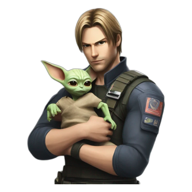 Leon Kennedy ( Resident Evil) holding baby yoda sticker
