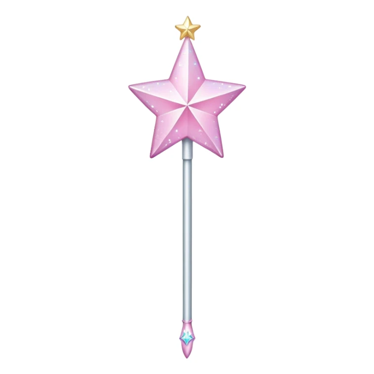 a long, slender stick, often depicted in a shimmering silver , At the top, it features a large, star-shaped tip that sparkles with pastel colors like pink, The wand has whimsical designs with  glittering accents sticker