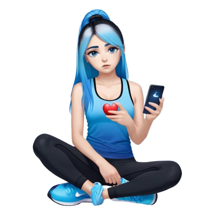 Heart broken and disappointed-very very very very large chest-texting on a samsung cell phone-very long straight flowing black to sky blue hair ombre-blue eyes-black eyeliner-long eyelashes-iridescent sky blue very low cut tank top with sparkling middle finger logo-black leggings-nike sneakers sticker