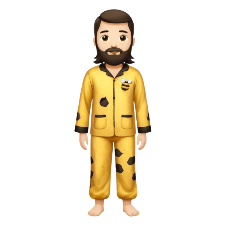 Grown up man with long dark brown long hair, white skin, medium beard, full body in cute bee pijama sticker