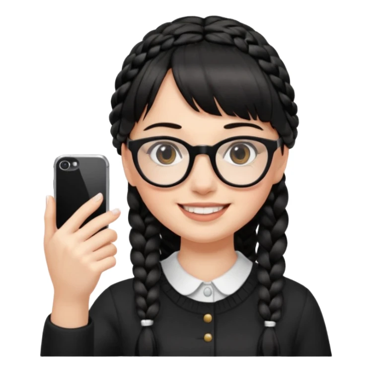 She's wearing black braided, full bangs and glasses and taking a mirror selfie with a white iPhone sticker