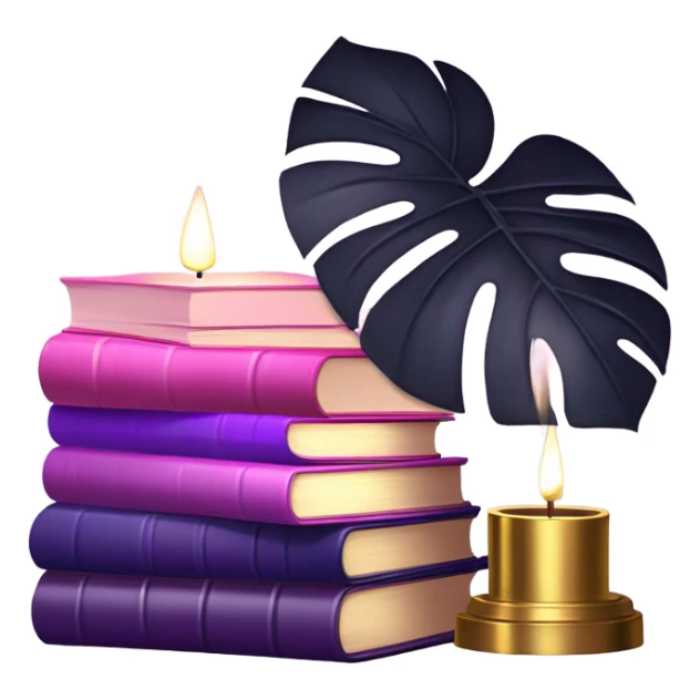 An elegant still life featuring a stack of light and dark violet books, a pink monstera plant, and a brass candle holder. sticker
