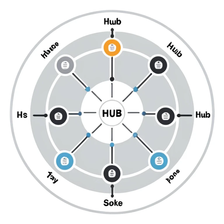 simple diagram of a central circle labeled 'Hub' connected by lines to smaller circles labeled 'Spoke', explanatory diagram style representing Hub & Spoke model in logistics sticker