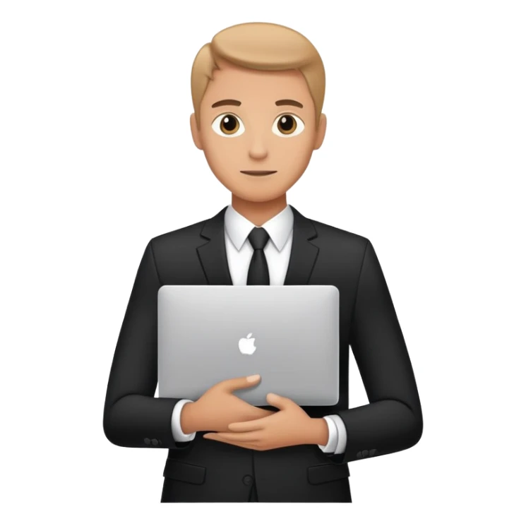 Businessman in a black business suit holding a laptop with PrimeCopy written on it sticker