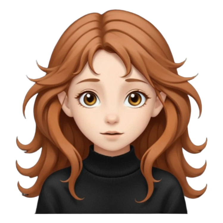 A delicate, elf-like girl with windswept chestnut hair, wearing an oversized sweater in signature black and  sticker