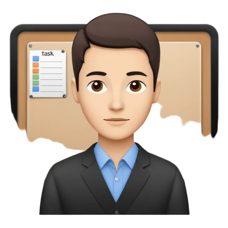 Minimalistic flat vector icon, iOS style, thin black contour on white background. Person silhouette with a project board (kanban/task board) behind. No text, no shadows.
 sticker