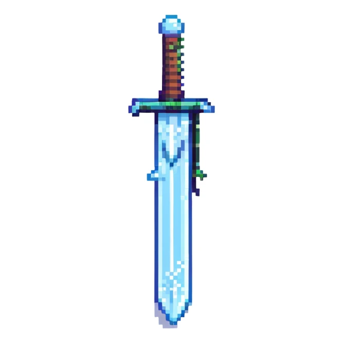 Pixel art sword with snow dragon theme, frosty effects, blue and white color palette, retro game style sticker