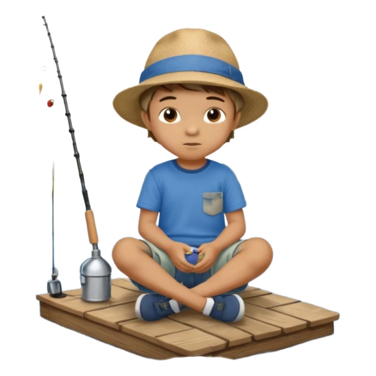 Little boy sitting on the dock fishing, felt texture, scrapbooking sticker