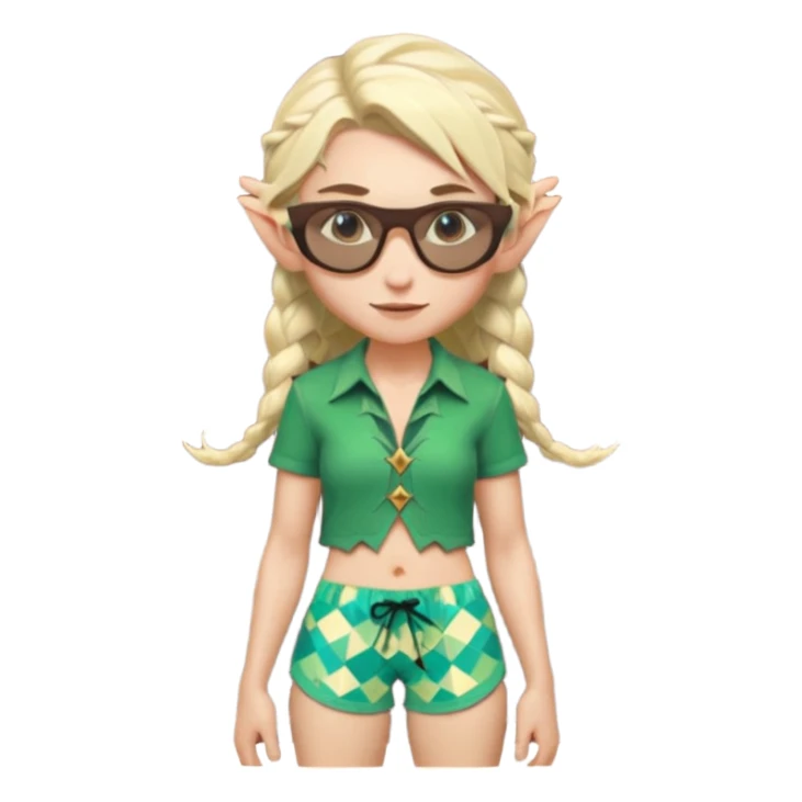 elf female legolas portrait, patterned board shorts (geometric/abstract), unique wooden-framed sunglasses, undercut hairstyle, slight smirk, visible pointy ears, no background, centered emoji, hipster summer vibe coctails sticker