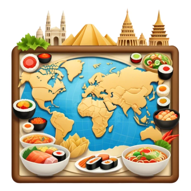 Icon for Culinary Tourism: a map with various national dishes from around the world, like sushi, pasta, and tacos, surrounded by iconic landmarks. The icon should represent the joy of exploring different cuisines during travel. Transparent background. sticker