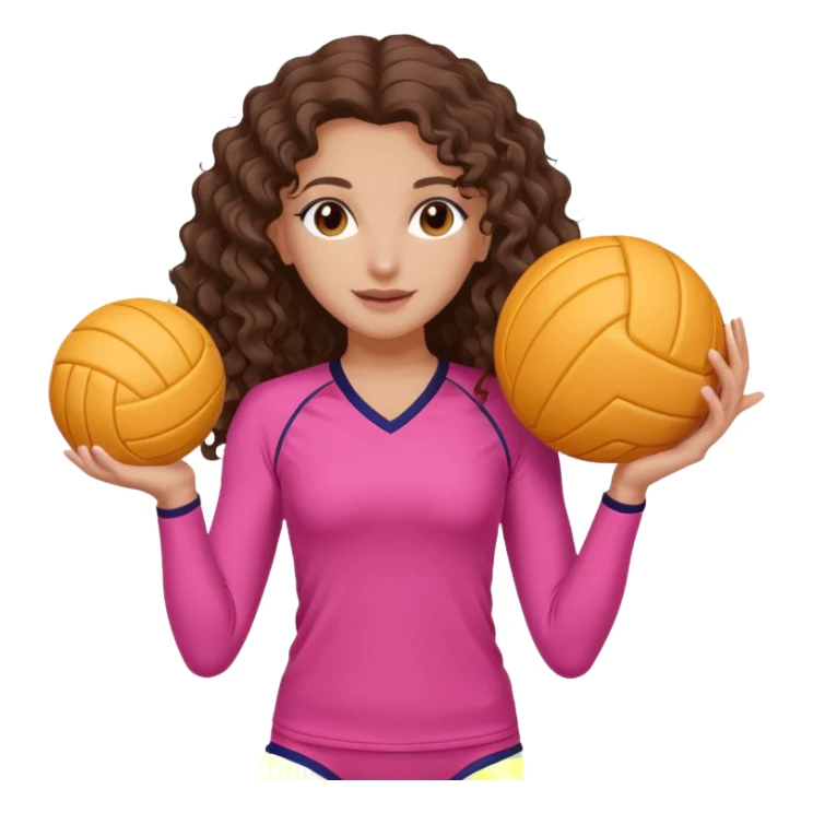 white brunette volleyball player with long curly hair (standing girl playing) pink outfit & white and orange ball sticker
