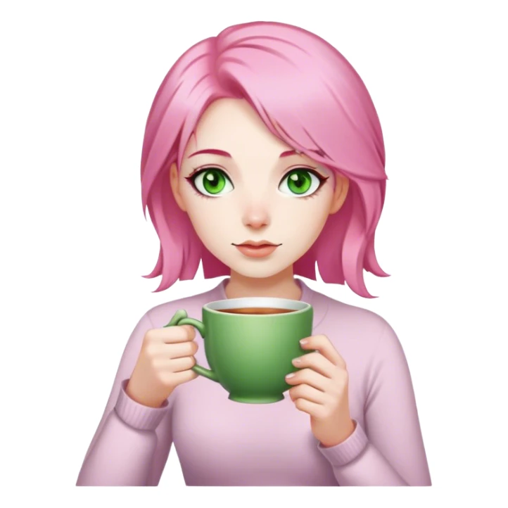 Pink haired woman with green eyes drinking a cuppa tea  sticker
