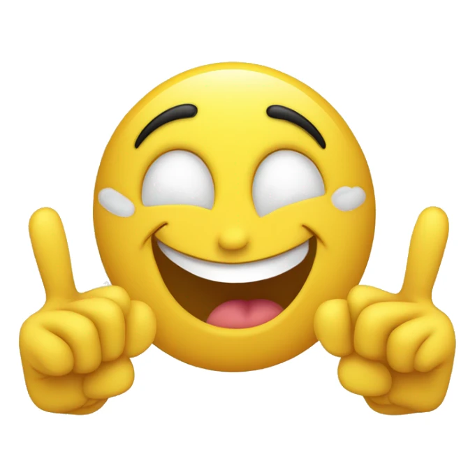 A yellow smiley face emoji grinning with tongue out, making the "horns" gesture with both hands. Eyes closed or squinting with laughter. Transparent background. sticker