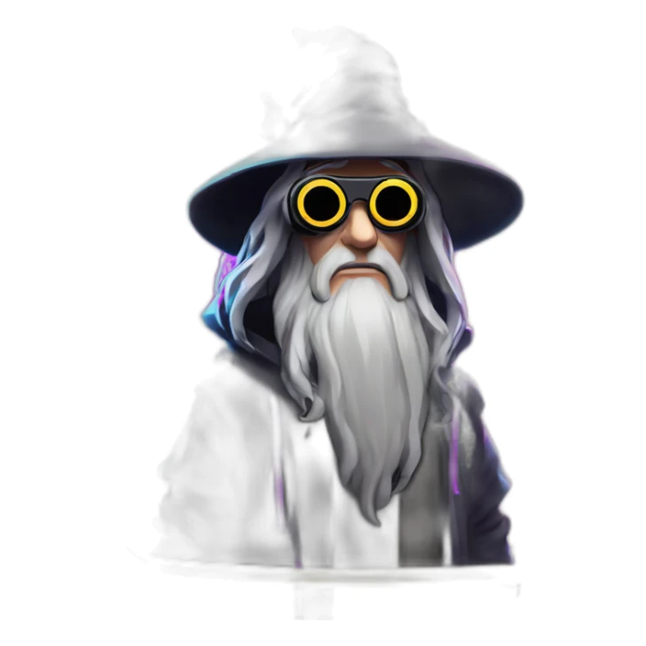Gandalf wearing a black hoodie with "OMG" letters on it and VR headset in a cyberpunk VR environment with violet neon lighting. sticker