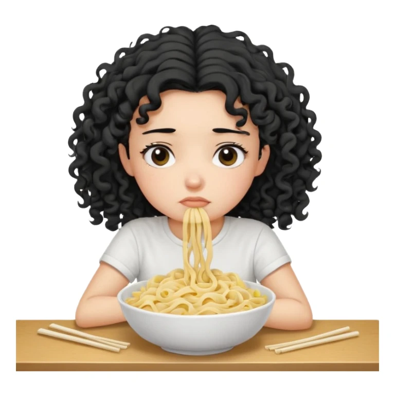 generate a pretty bratz fair skinned girl with curly black hair wearing a white tshirt sitting on a table with noodles. looking sleepy and tired sticker