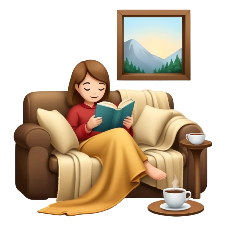 cozy reading nook with blanket, book, and hot drink sticker