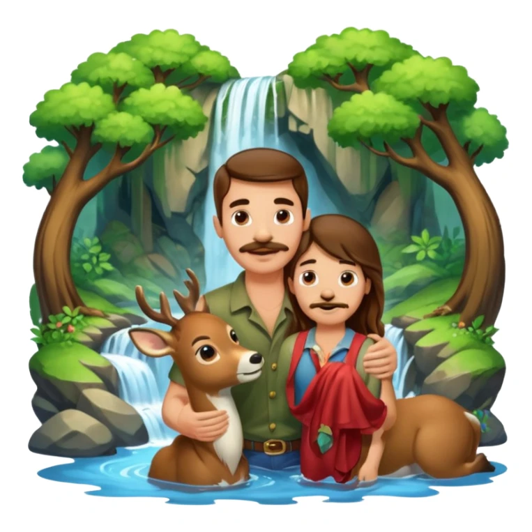 ripped guy with mustache and long hair, being nuzzled by one adolescent deer, in a secluded glen, with a waterfall sticker