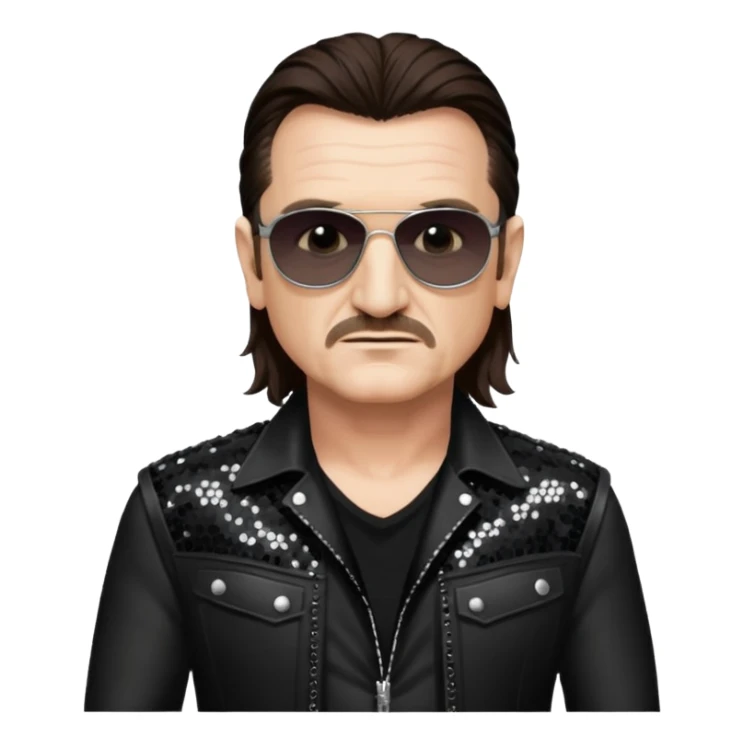 Bono with long dark brown hair, black sequin tour outfit sticker
