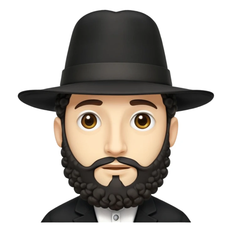 Abstract stylized Hasidic Jewish man emoji with traditional wide black hat, simplified payot curls, short beard, traditional black coat, very generic face sticker