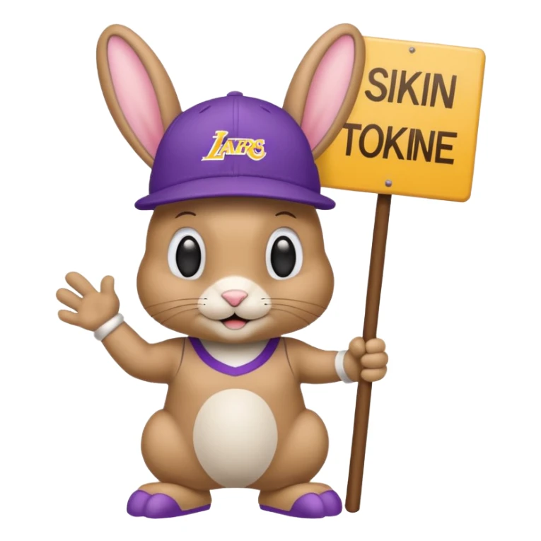 A tanish bunny with a Lakers hat and a sign that says "peewee" sticker