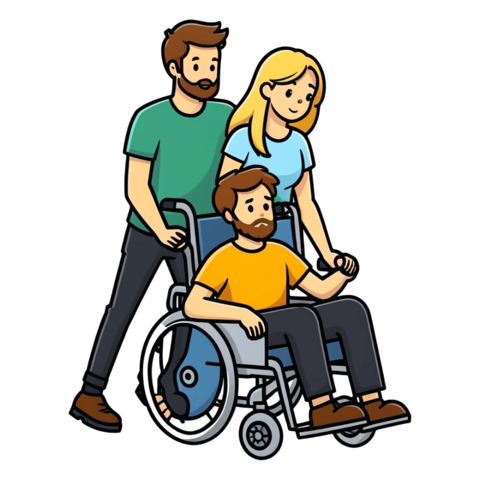 A bearded Brown haired man in a wheel chair with long blonde haired mom pushing the wheel chair sticker