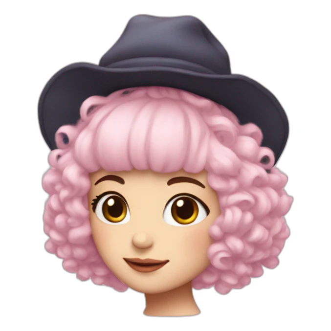 •	Pale pink hair 	•	Youthful facial features 	•	Fluffy hat with a rounded shape 	•	Dress with lots of frills sticker