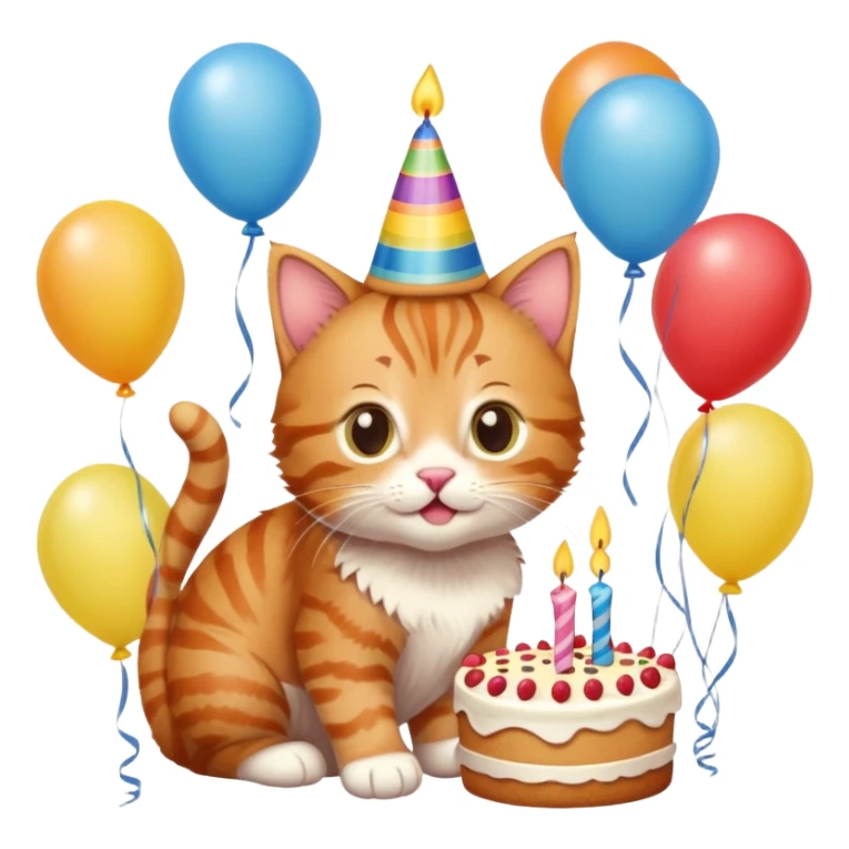 Ginger tabby kitten celebrates birthday, birthday hat, birthday cake, one candle, balloons, happy, gifts sticker