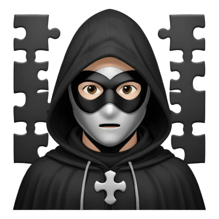 grayscale black mysterious masked hooded man with puzzle logo on hood sticker