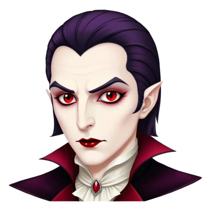 Cinematic Noble Vampire Portrait Emoji, Elegant and commanding, with a refined, pale visage framed by dark, velvet accents and a hint of crimson, exuding timeless seduction and dangerous allure, simplified yet exquisitely detailed, glowing with a soft nocturnal radiance and a subtle, mysterious outline that captures the regal spirit of an immortal lord of the night! sticker