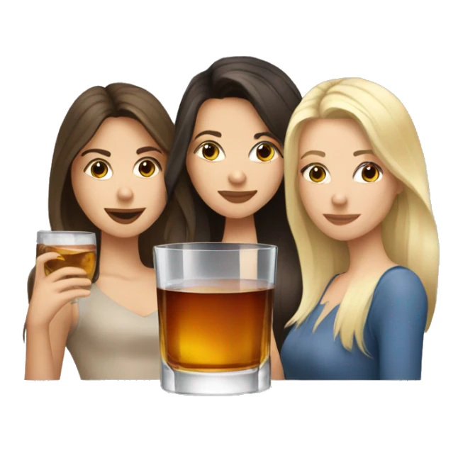 Three girls - brunette, blonde, brunette, drinking whiskey with ice in a square glass sticker