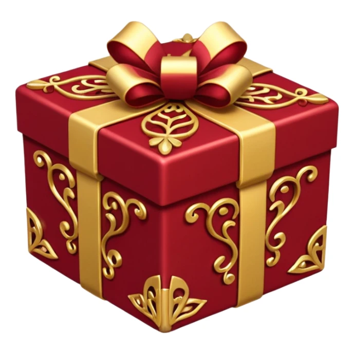 Create a highly polished, 3D game UI–style gift box with a luxurious red and gold theme. gift box ,The square box features deep crimson-red panels with ornate gold metallic trim and filigree details along the edges.  sticker