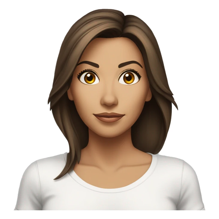 3/4 face, contrasted, shadow, light, Eva Longoria expression, standing from a distance, thin nose, brunette woman, hazel eyes, long eyelashes, dark shoulder shaded hair, white t-shirt, jeans, white sneakers sticker