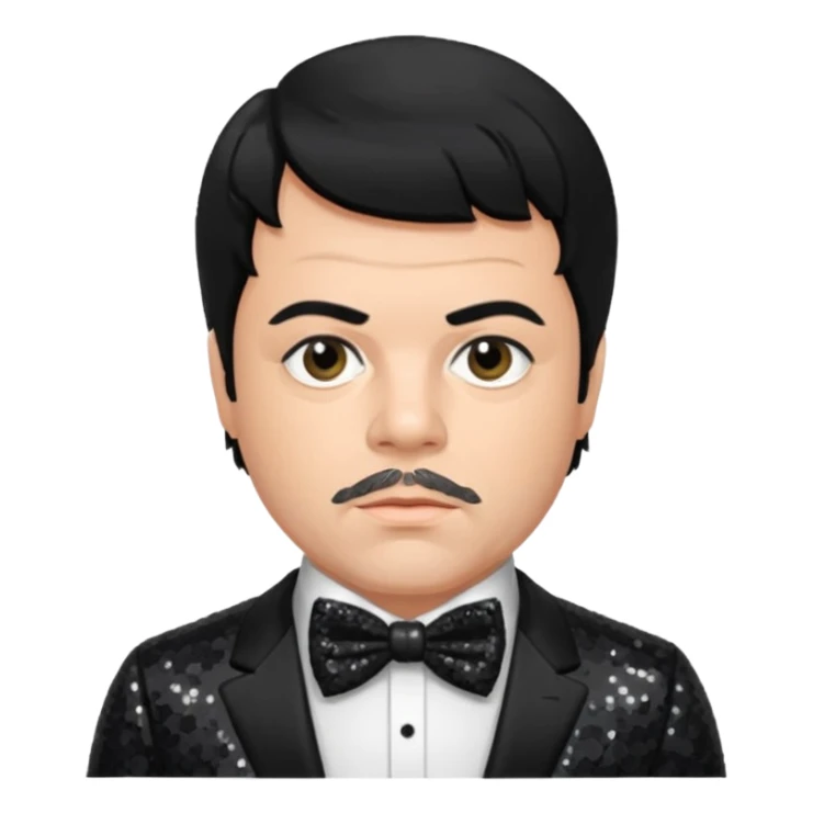 Oliver Reed with black hair, black sequin suit with bow tie sticker