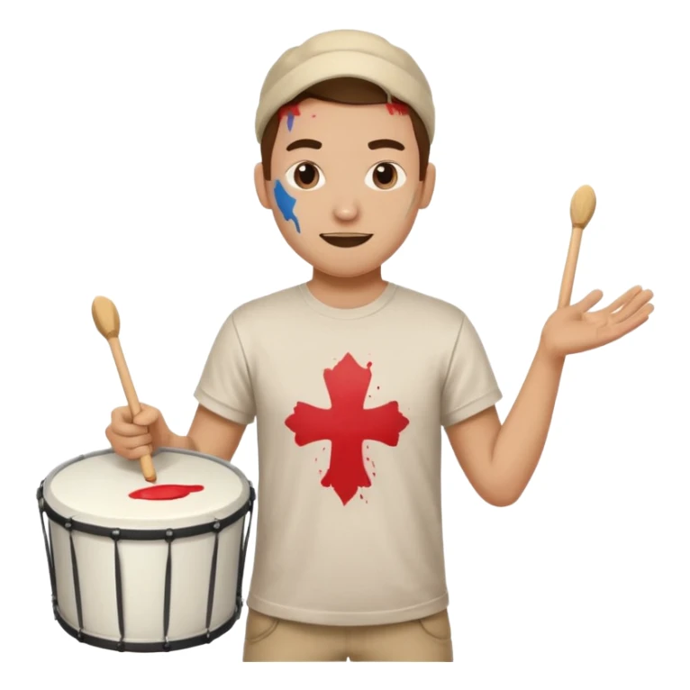 A loud fan, simple tee shirt with paint on his cheeks with a marching drum, beating it with enthusiasm sticker
