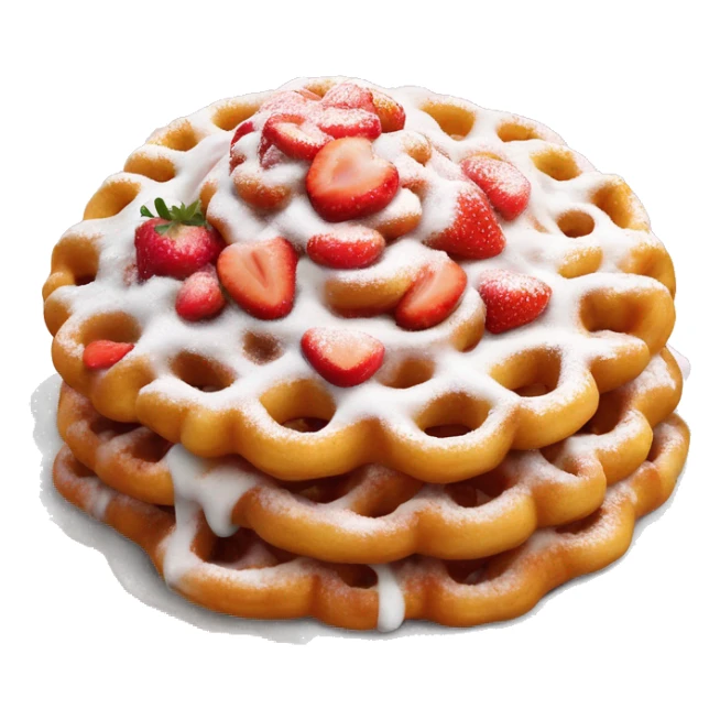 Realistic isolated funnel cake with powdered sugar and a strawberry sprinkled on top. sticker