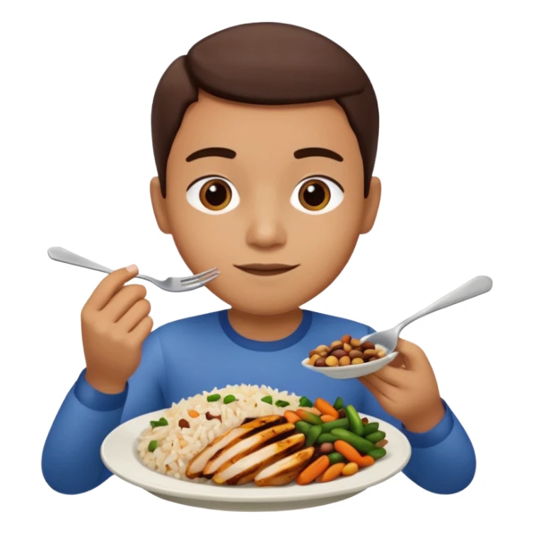 Create a person having lunch. Not a sandwich. Rice, beans, vegetables and chicken. sticker